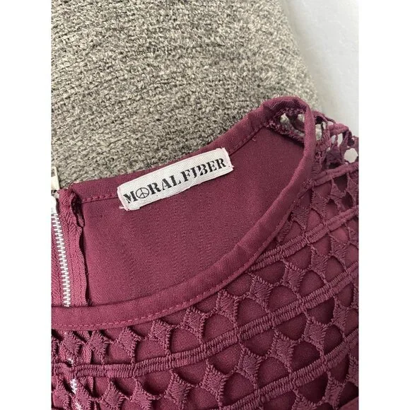 Women's Moral Fiber Burgundy Lace Crochet Zipper Back Blouse - Picture 7 of 8